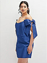 Alt View 1 Thumbnail - Classic Blue Satin Off-the-Shoulder Bow Corset Fit and Flare Mini Dress