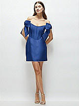 Front View Thumbnail - Classic Blue Satin Off-the-Shoulder Bow Corset Fit and Flare Mini Dress