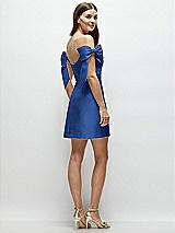 Rear View Thumbnail - Classic Blue Satin Off-the-Shoulder Bow Corset Fit and Flare Mini Dress