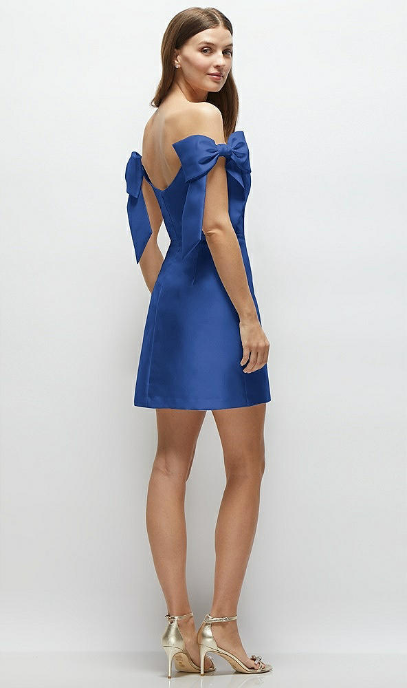 Back View - Classic Blue Satin Off-the-Shoulder Bow Corset Fit and Flare Mini Dress
