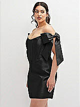 Alt View 1 Thumbnail - Black Satin Off-the-Shoulder Bow Corset Fit and Flare Mini Dress