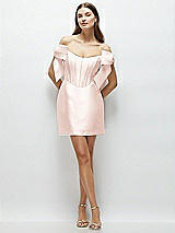Front View Thumbnail - Blush Satin Off-the-Shoulder Bow Corset Fit and Flare Mini Dress