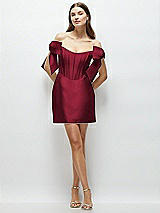 Front View Thumbnail - Burgundy Satin Off-the-Shoulder Bow Corset Fit and Flare Mini Dress