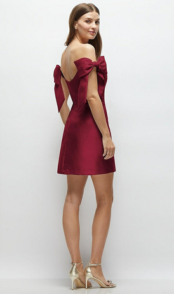Back View - Burgundy Satin Off-the-Shoulder Bow Corset Fit and Flare Mini Dress