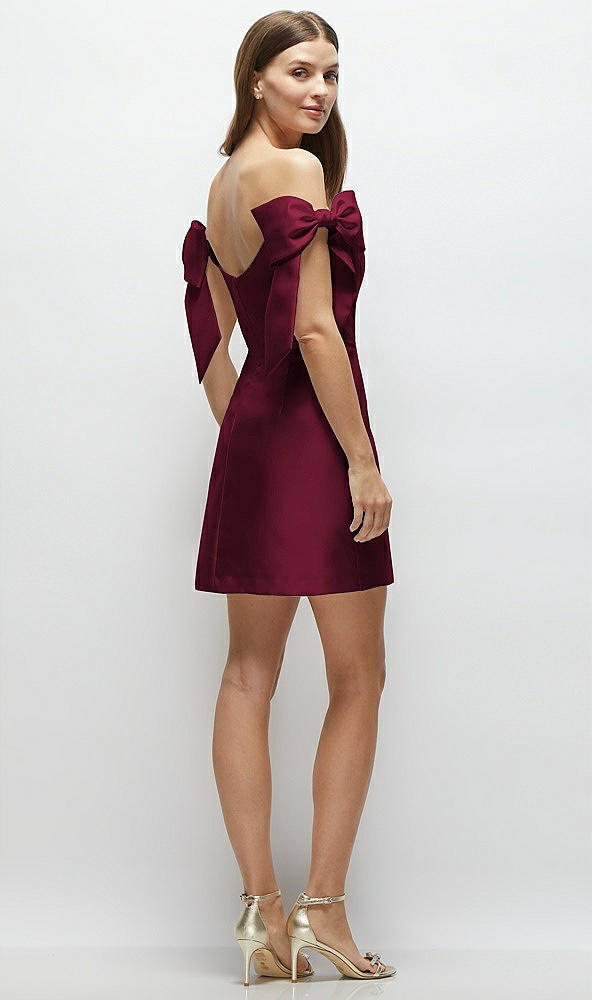 Back View - Cabernet Satin Off-the-Shoulder Bow Corset Fit and Flare Mini Dress