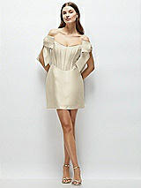 Front View Thumbnail - Champagne Satin Off-the-Shoulder Bow Corset Fit and Flare Mini Dress
