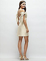 Rear View Thumbnail - Champagne Satin Off-the-Shoulder Bow Corset Fit and Flare Mini Dress