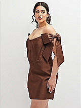 Alt View 1 Thumbnail - Cognac Satin Off-the-Shoulder Bow Corset Fit and Flare Mini Dress