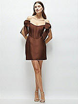 Front View Thumbnail - Cognac Satin Off-the-Shoulder Bow Corset Fit and Flare Mini Dress