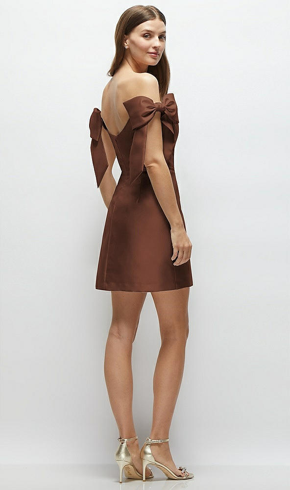 Back View - Cognac Satin Off-the-Shoulder Bow Corset Fit and Flare Mini Dress
