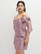 Alt View 1 Thumbnail - Dusty Rose Satin Off-the-Shoulder Bow Corset Fit and Flare Mini Dress