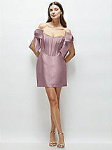 Front View Thumbnail - Dusty Rose Satin Off-the-Shoulder Bow Corset Fit and Flare Mini Dress