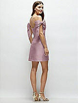 Rear View Thumbnail - Dusty Rose Satin Off-the-Shoulder Bow Corset Fit and Flare Mini Dress