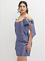 Alt View 1 Thumbnail - French Blue Satin Off-the-Shoulder Bow Corset Fit and Flare Mini Dress