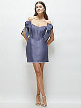 Front View Thumbnail - French Blue Satin Off-the-Shoulder Bow Corset Fit and Flare Mini Dress