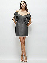 Front View Thumbnail - Gunmetal Satin Off-the-Shoulder Bow Corset Fit and Flare Mini Dress