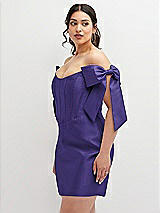 Alt View 1 Thumbnail - Grape Satin Off-the-Shoulder Bow Corset Fit and Flare Mini Dress