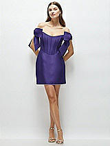 Front View Thumbnail - Grape Satin Off-the-Shoulder Bow Corset Fit and Flare Mini Dress