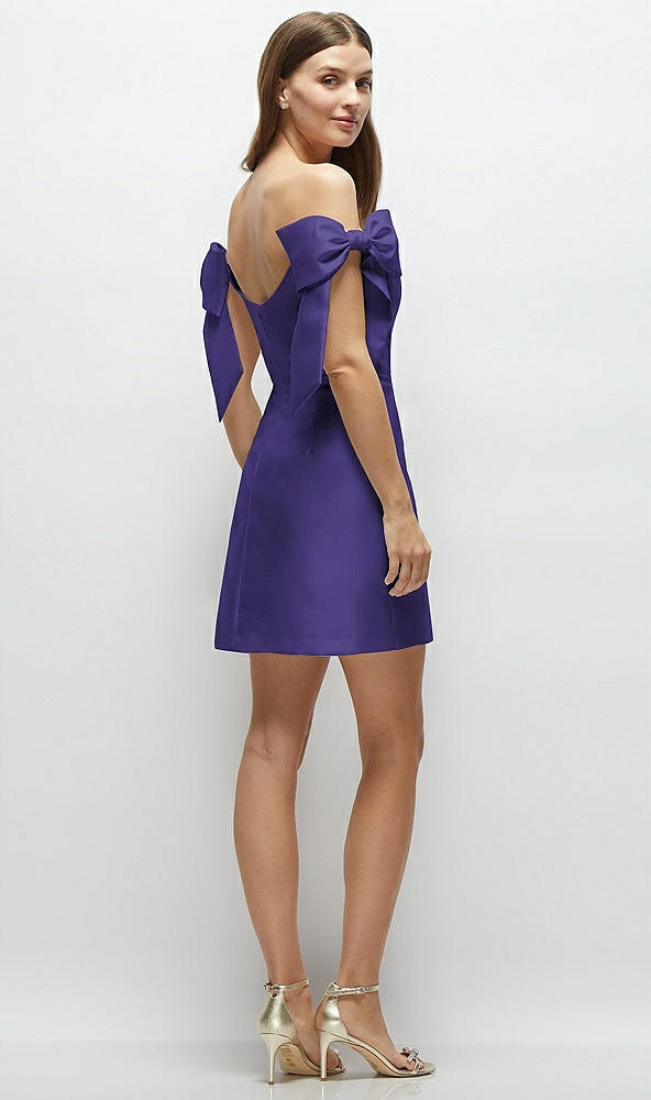 Back View - Grape Satin Off-the-Shoulder Bow Corset Fit and Flare Mini Dress