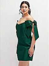 Alt View 1 Thumbnail - Hunter Green Satin Off-the-Shoulder Bow Corset Fit and Flare Mini Dress