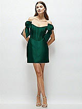 Front View Thumbnail - Hunter Green Satin Off-the-Shoulder Bow Corset Fit and Flare Mini Dress