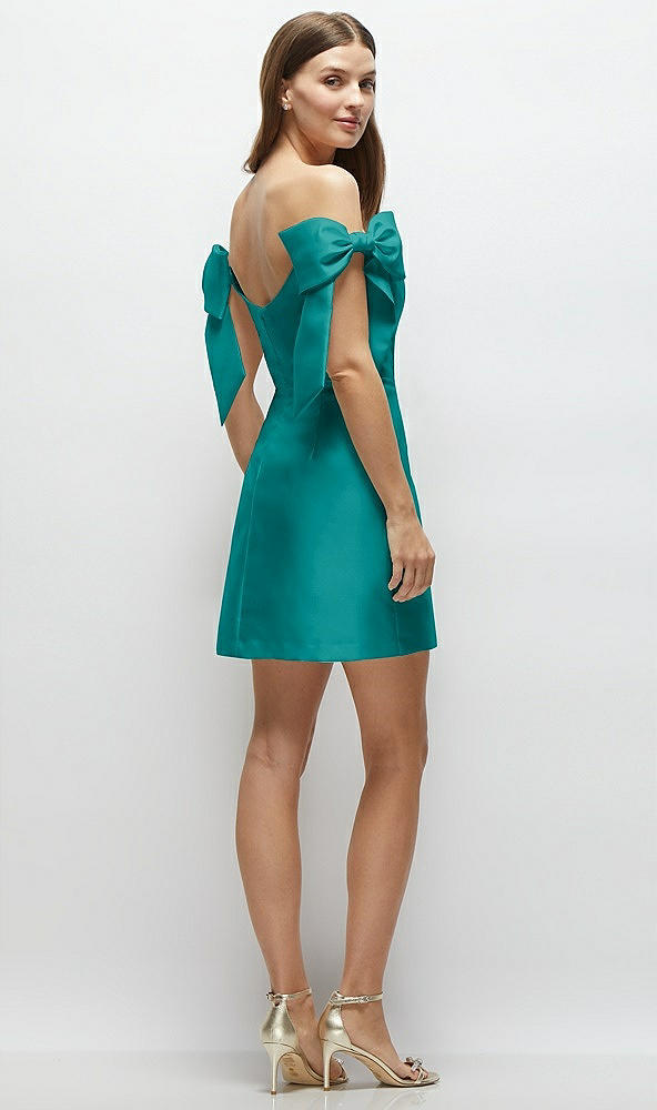Back View - Jade Satin Off-the-Shoulder Bow Corset Fit and Flare Mini Dress