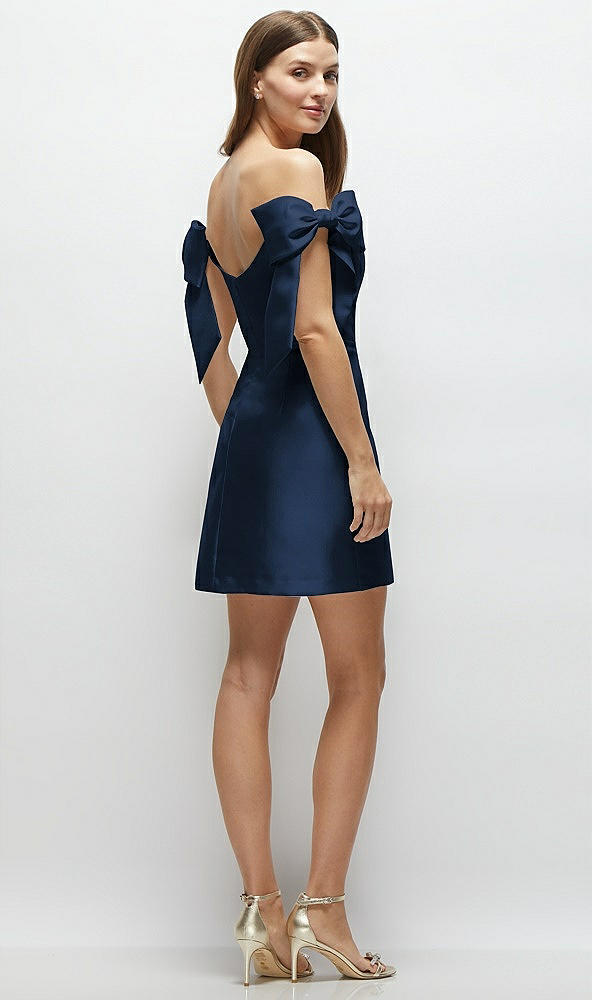Back View - Midnight Navy Satin Off-the-Shoulder Bow Corset Fit and Flare Mini Dress