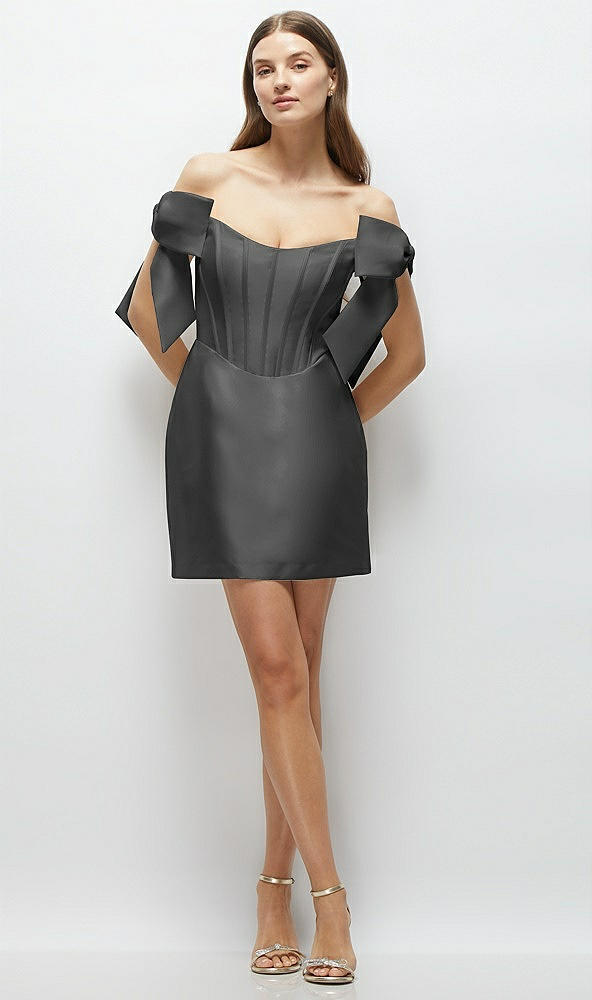 Front View - Pewter Satin Off-the-Shoulder Bow Corset Fit and Flare Mini Dress