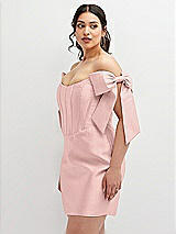 Alt View 1 Thumbnail - Rose - PANTONE Rose Quartz Satin Off-the-Shoulder Bow Corset Fit and Flare Mini Dress