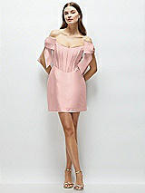 Front View Thumbnail - Rose - PANTONE Rose Quartz Satin Off-the-Shoulder Bow Corset Fit and Flare Mini Dress