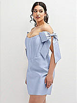 Alt View 1 Thumbnail - Sky Blue Satin Off-the-Shoulder Bow Corset Fit and Flare Mini Dress