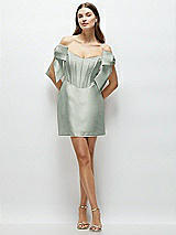 Front View Thumbnail - Willow Green Satin Off-the-Shoulder Bow Corset Fit and Flare Mini Dress