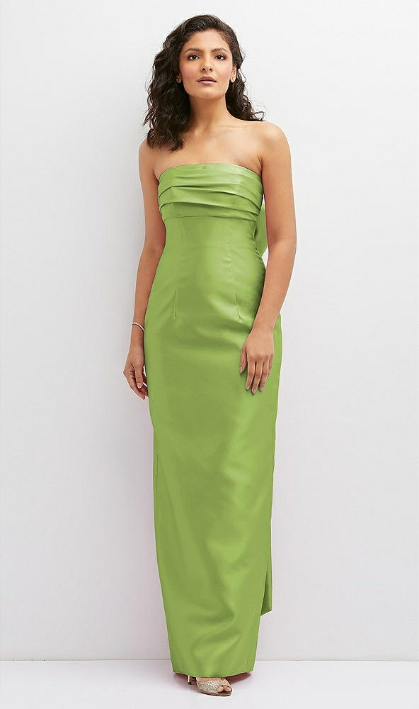 Front View - Mojito Strapless Draped Bodice Column Dress with Oversized Bow