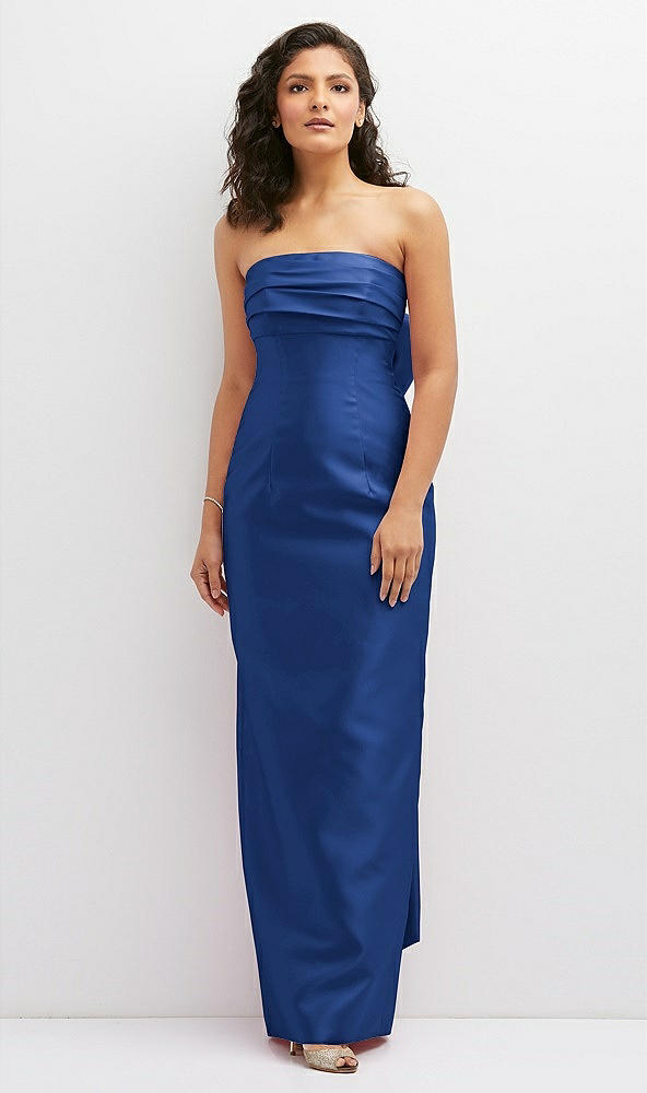 Front View - Classic Blue Strapless Draped Bodice Column Dress with Oversized Bow