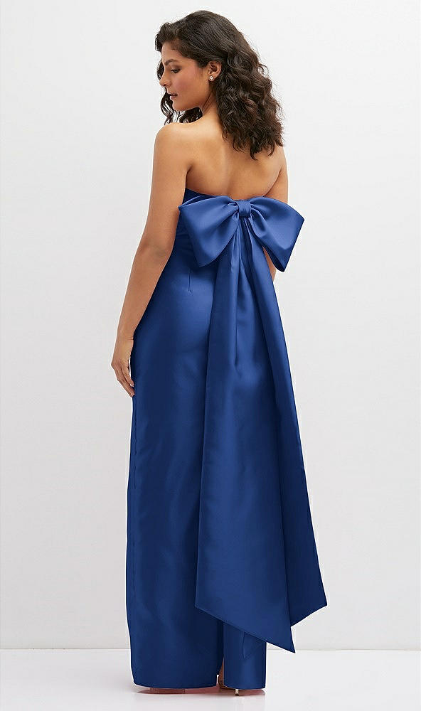 Back View - Classic Blue Strapless Draped Bodice Column Dress with Oversized Bow