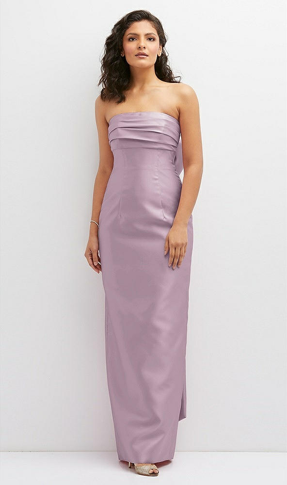 Front View - Suede Rose Strapless Draped Bodice Column Dress with Oversized Bow