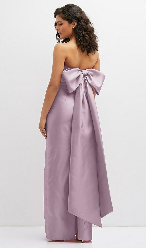 Back View - Suede Rose Strapless Draped Bodice Column Dress with Oversized Bow