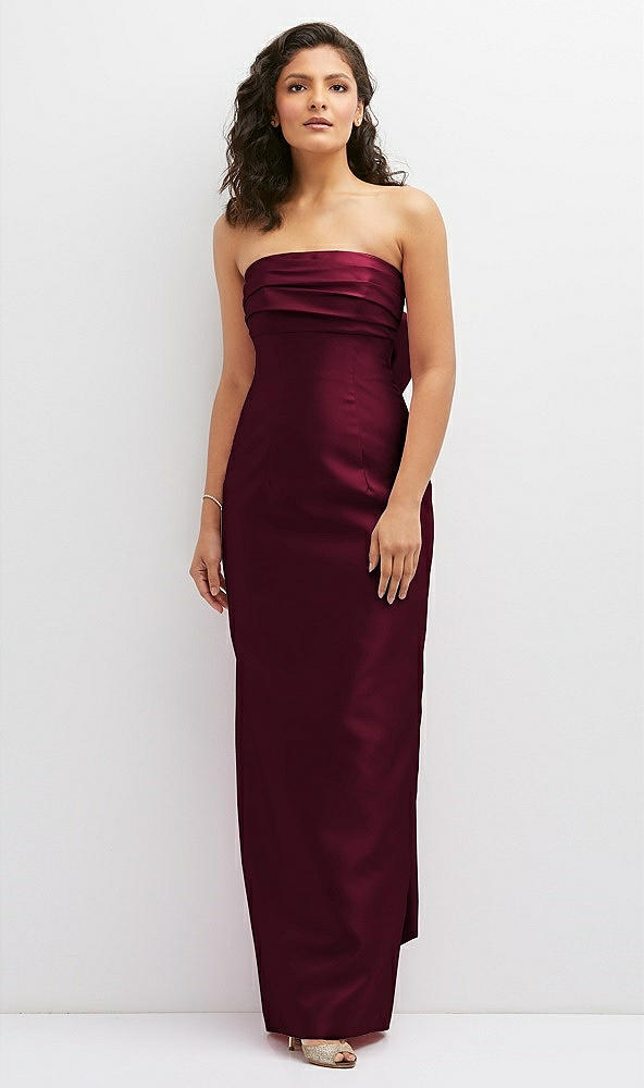 Front View - Cabernet Strapless Draped Bodice Column Dress with Oversized Bow