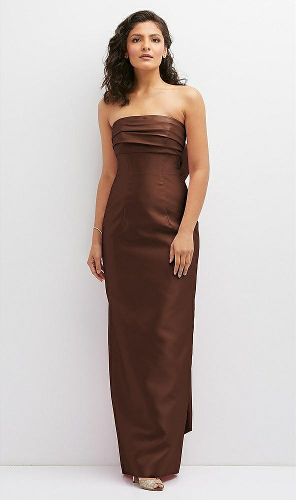 Front View - Cognac Strapless Draped Bodice Column Dress with Oversized Bow