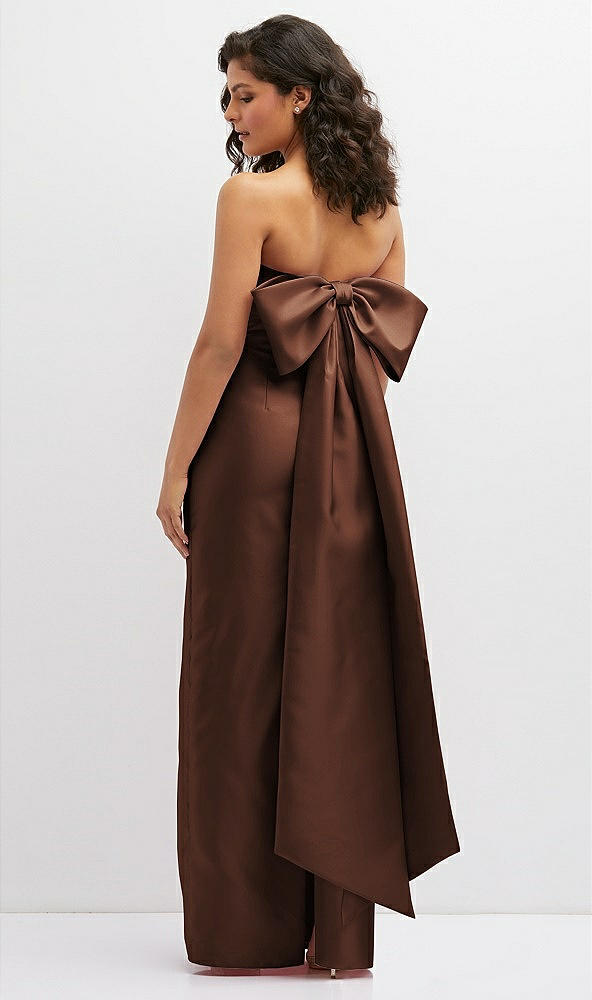 Back View - Cognac Strapless Draped Bodice Column Dress with Oversized Bow