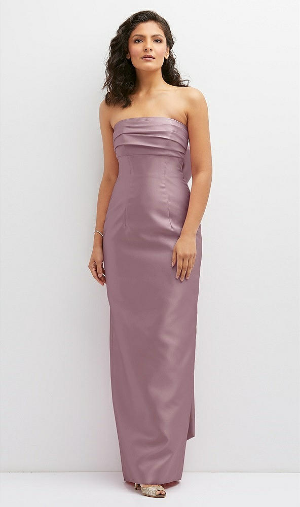 Front View - Dusty Rose Strapless Draped Bodice Column Dress with Oversized Bow