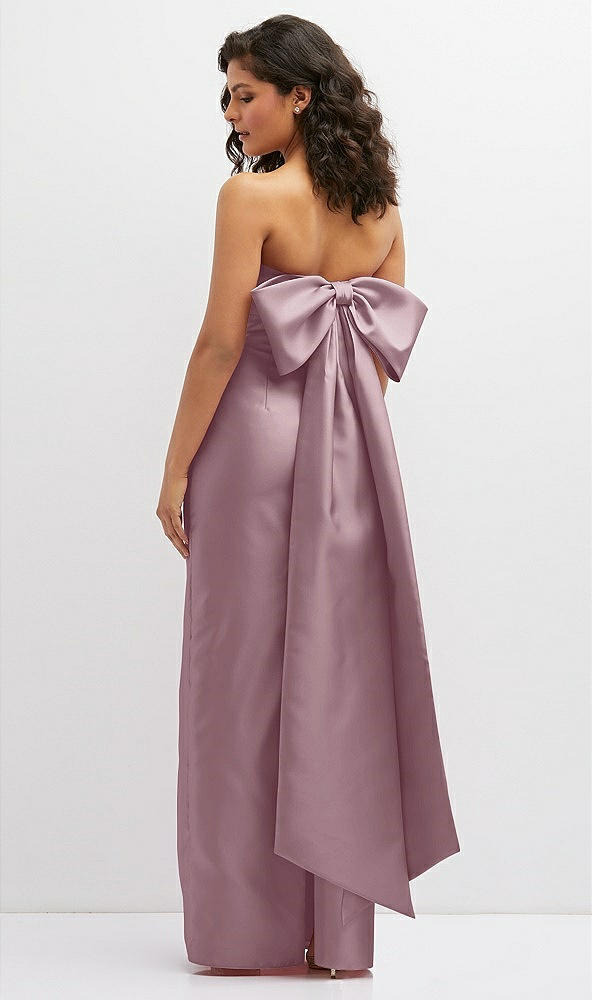 Back View - Dusty Rose Strapless Draped Bodice Column Dress with Oversized Bow