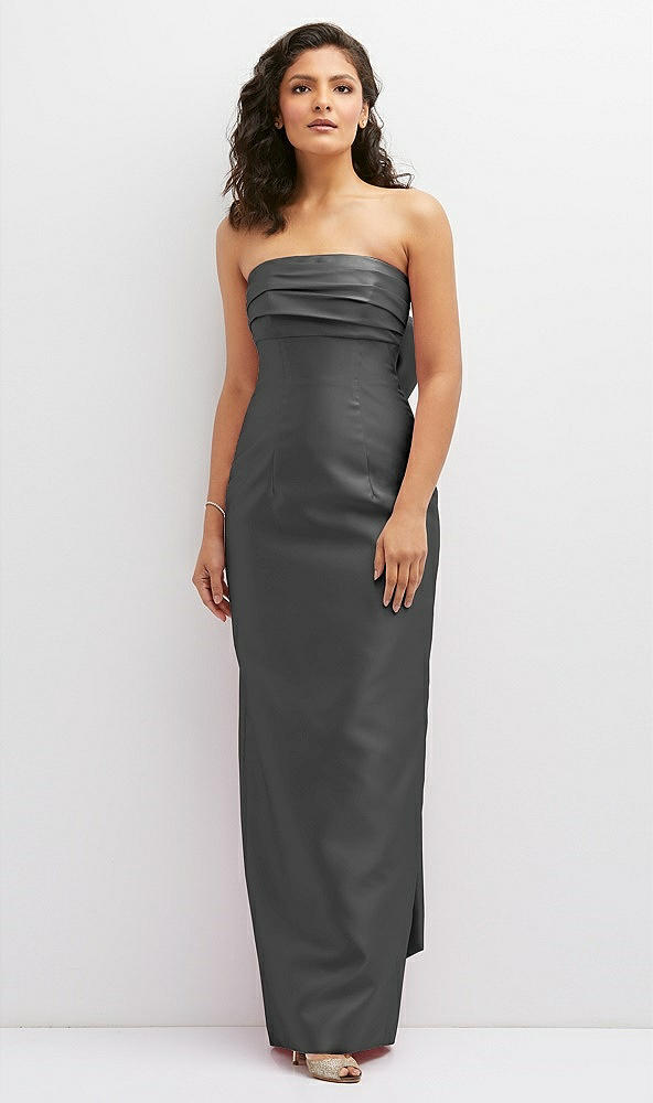 Front View - Gunmetal Strapless Draped Bodice Column Dress with Oversized Bow