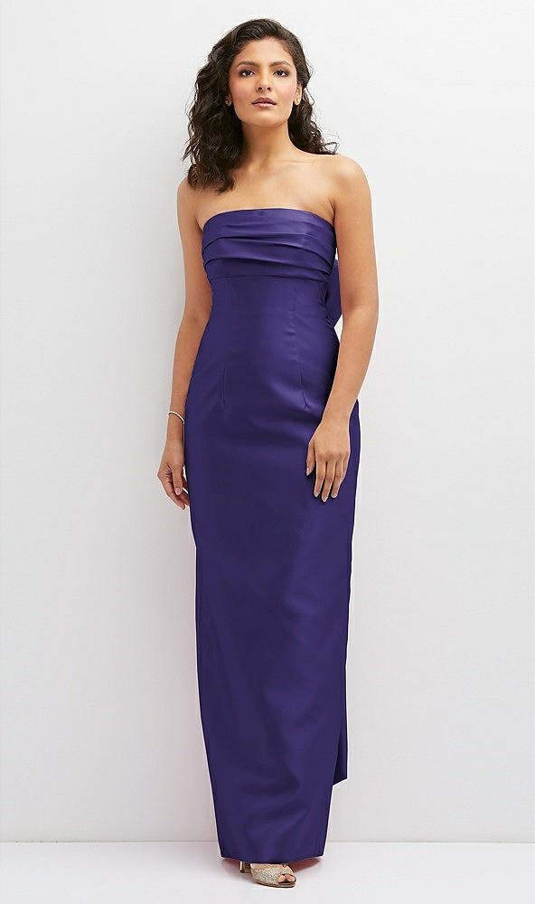Front View - Grape Strapless Draped Bodice Column Dress with Oversized Bow