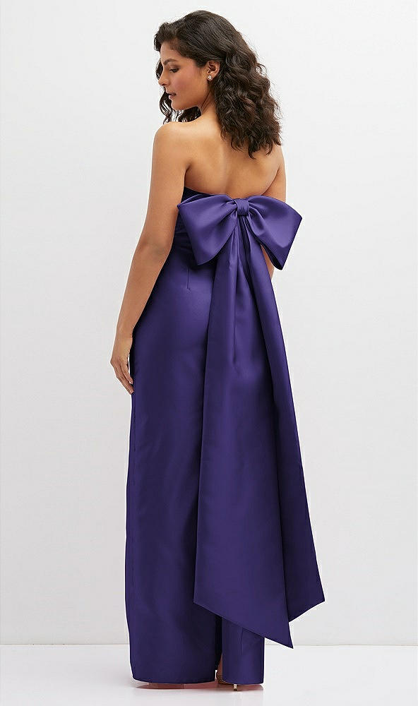 Back View - Grape Strapless Draped Bodice Column Dress with Oversized Bow