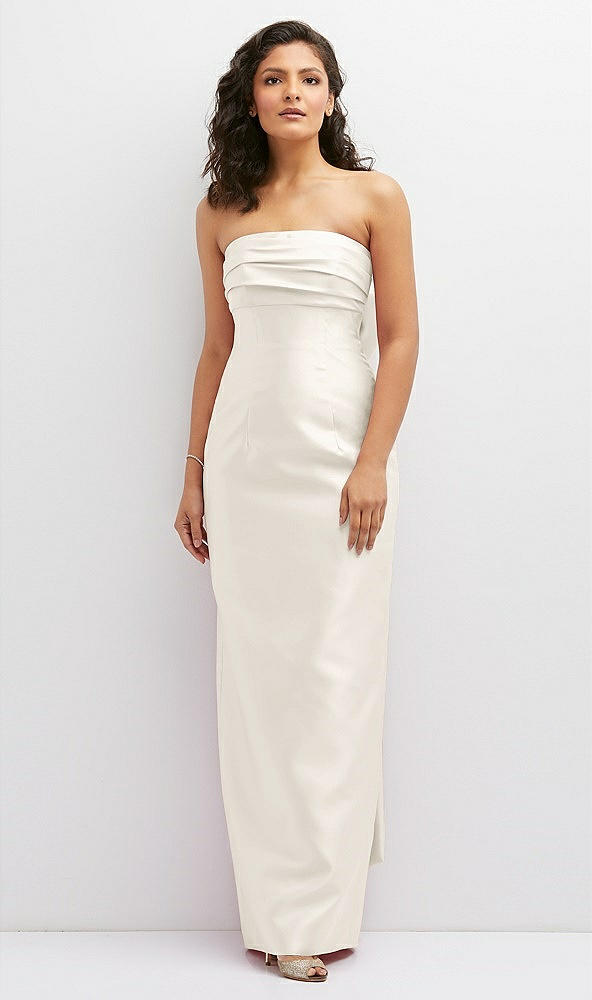 Front View - Ivory Strapless Draped Bodice Column Dress with Oversized Bow