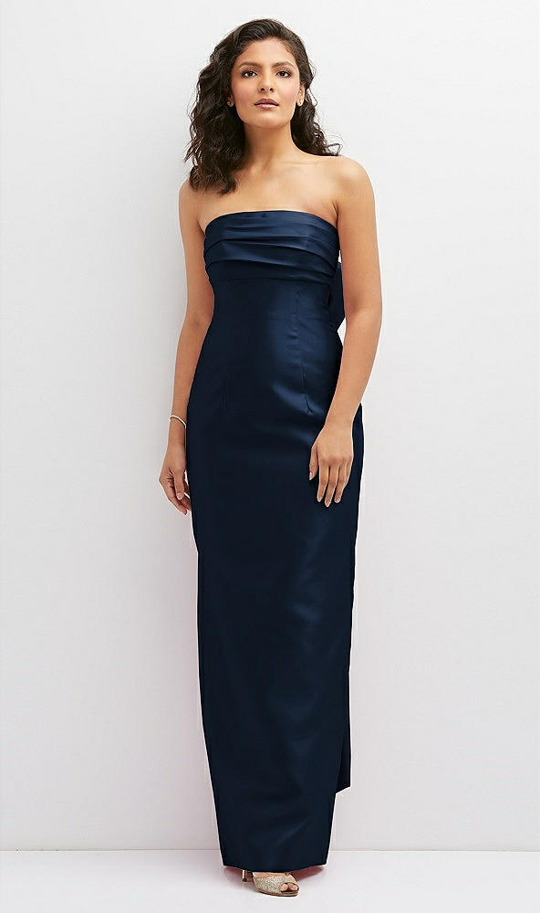Front View - Midnight Navy Strapless Draped Bodice Column Dress with Oversized Bow