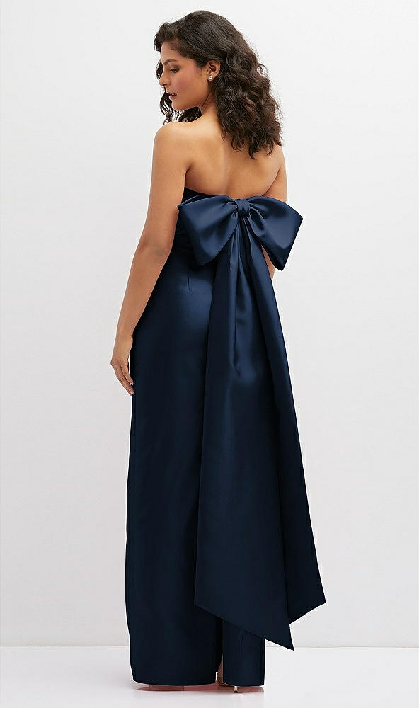 Back View - Midnight Navy Strapless Draped Bodice Column Dress with Oversized Bow