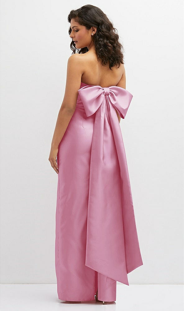 Back View - Powder Pink Strapless Draped Bodice Column Dress with Oversized Bow