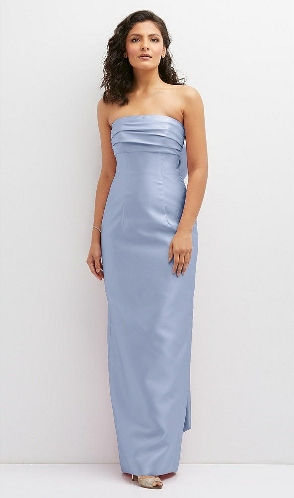 Front View - Sky Blue Strapless Draped Bodice Column Dress with Oversized Bow